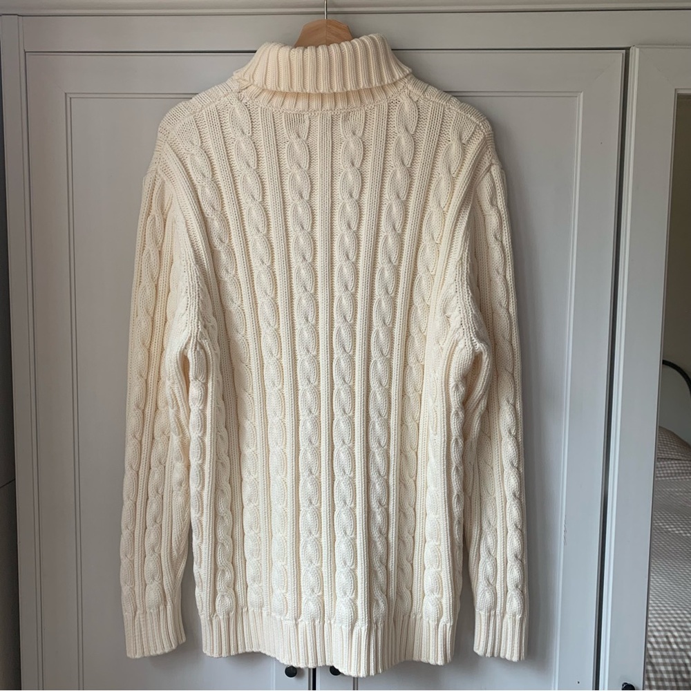 Vintage 90s Lands' End Cream Cotton Cable Knit Turtleneck Sweater Made in Japan - Picture 2 of 6